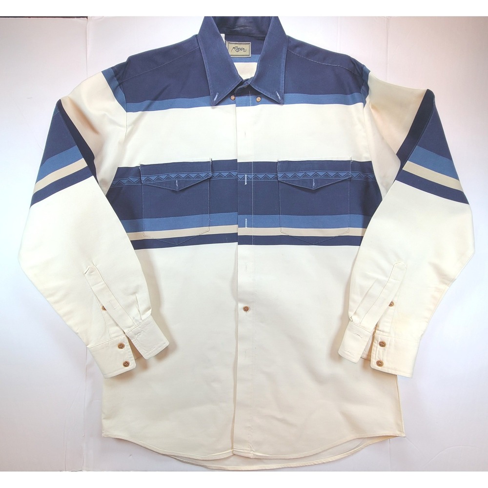 Vintage Roper Mens Large Western Button‎ Up Shirt Blue Striped  Made in USA